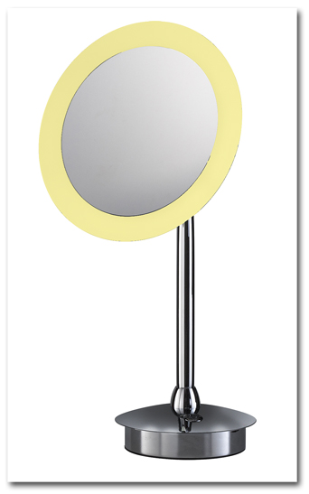 Standspiegel, der als Kosmetikspiegel und Schminkspiegel zu verwenden ist mit rundem Spiegelkopf und LED-Beleuchtung by Bavaria Bäder-Technik GdbR